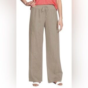 Eileen Fisher 100% Organic Linen Pull On Cotton Waistband Khaki Wide Leg Pants